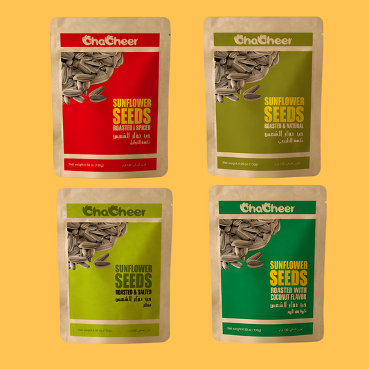 ChaCheer Roasted Sunflower Seeds Combo Pack-Spiced, Coconut, Natural & Salted - 130g - Pack of 4